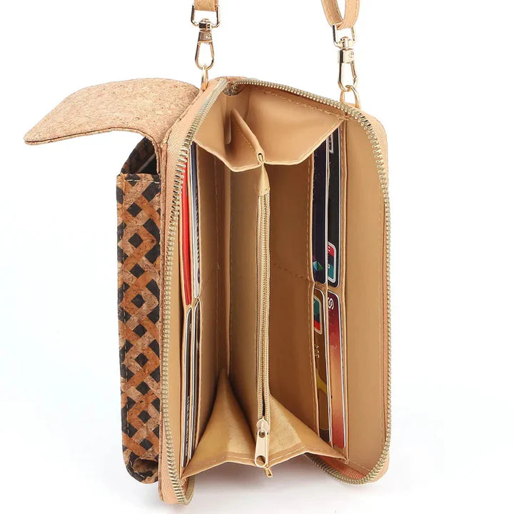 Interior view A compact cork phone bag wallet designed for grab-and-go days. Perfect for your phone, cards, keys, and a few small essentials.
