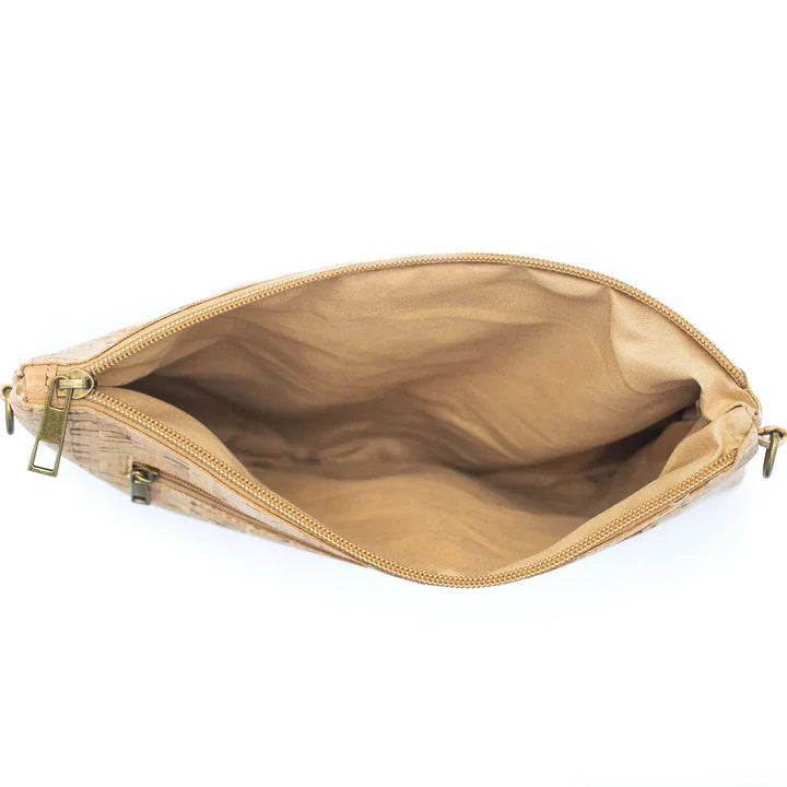 Interior view Stylish crossbody and clutch in purple and teal design or natural cork. 