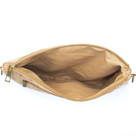 Interior view Stylish crossbody and clutch in purple and teal design or natural cork. 