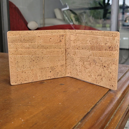 Interior view Lightweight and durable, this bi-fold wallet is crafted from premium natural cork. Waterproof and equipped with RFID protection to keep your cards safe.