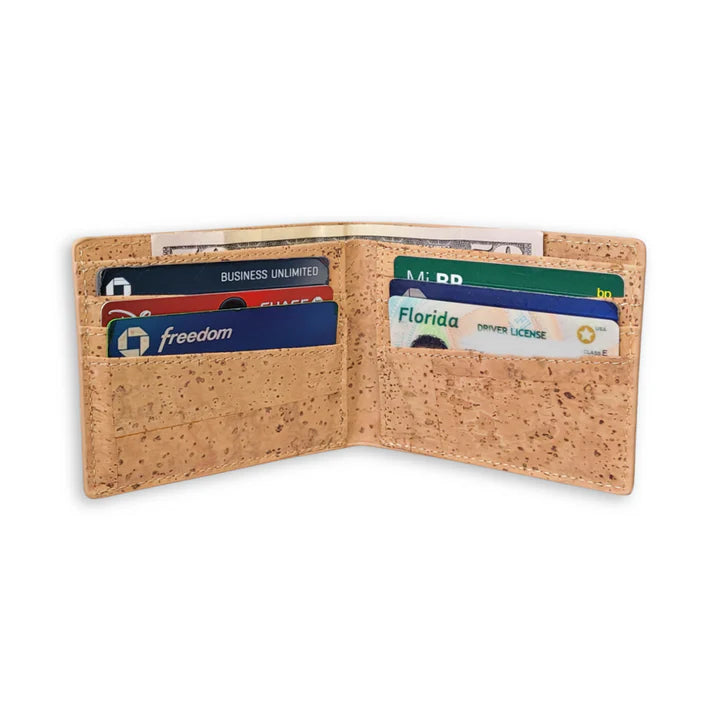 Interior view Lightweight and durable, this bi-fold wallet is crafted from premium natural cork. Waterproof and equipped with RFID protection to keep your cards safe.