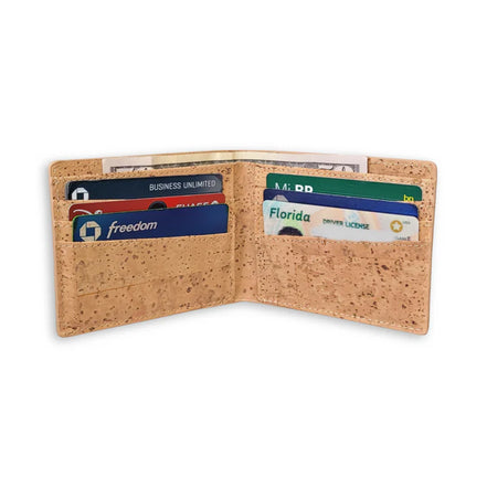 Interior view Lightweight and durable, this bi-fold wallet is crafted from premium natural cork. Waterproof and equipped with RFID protection to keep your cards safe.