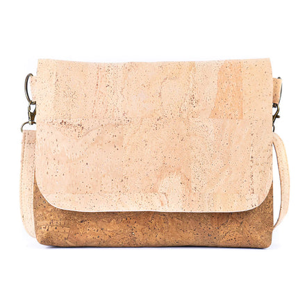 Natural cork crossbody shoulder bag with two-tone flap