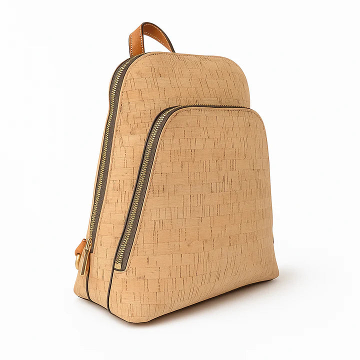 natural cork backpack with curved profile and zipper pocket