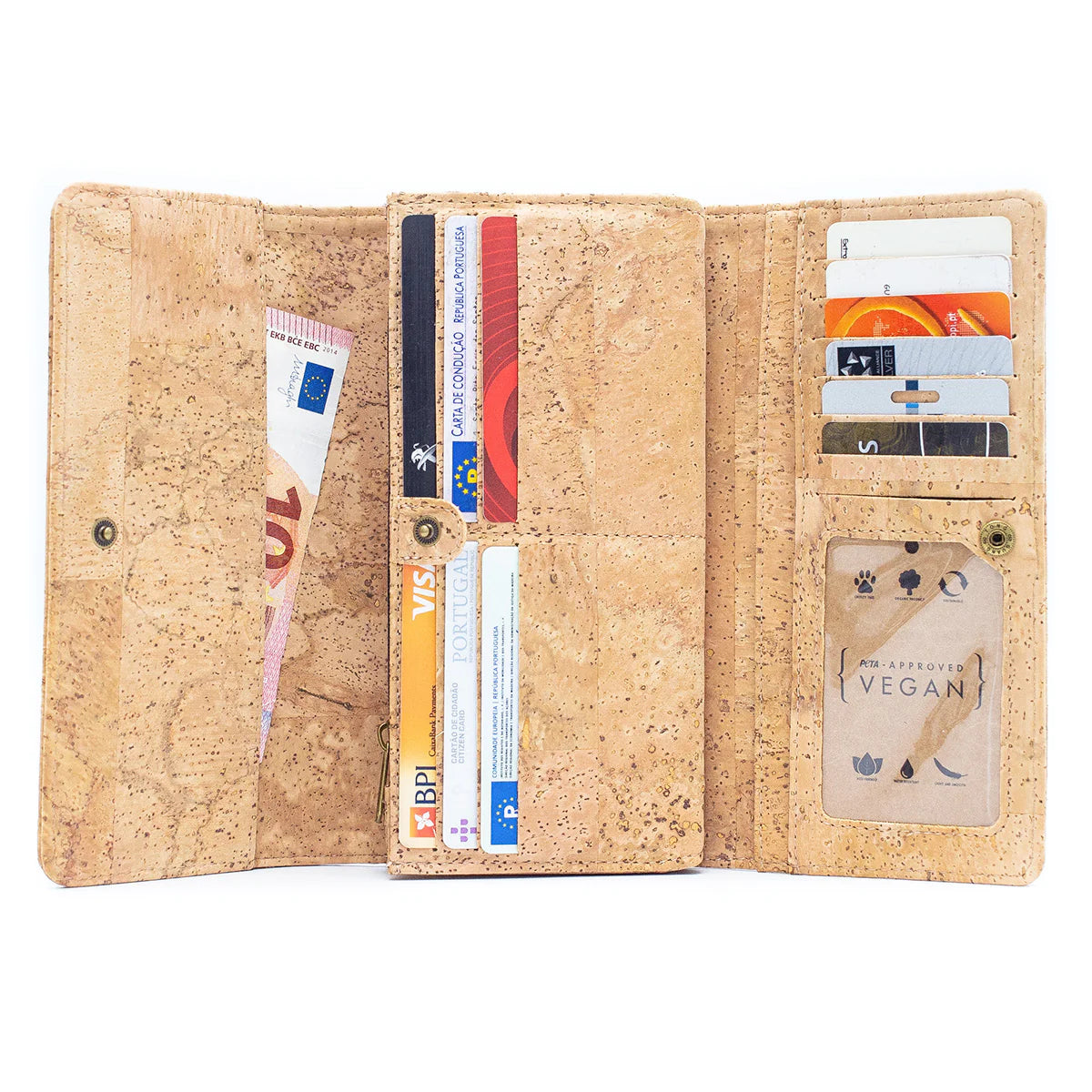 Interior view  natural cork bifold women's wallet with snap button closure