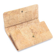 Interior view  natural cork bifold women's wallet with snap button closure