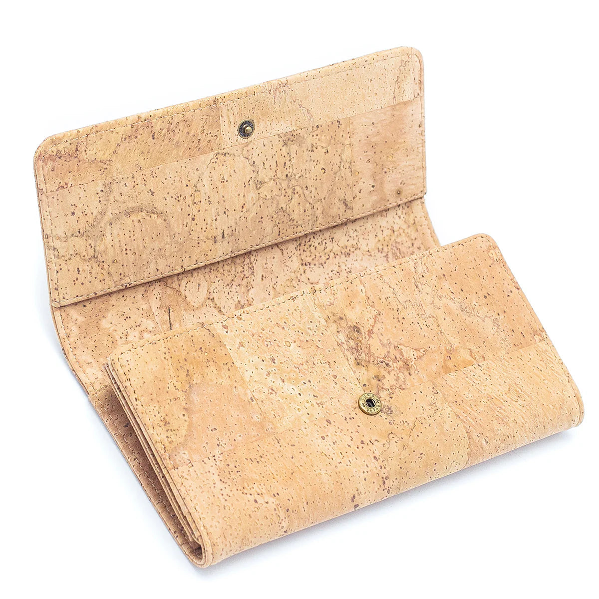 Interior view  natural cork bifold women's wallet with snap button closure