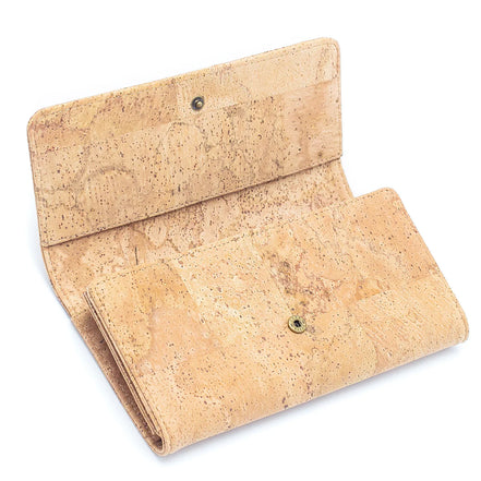 Interior view  natural cork bifold women's wallet with snap button closure