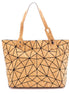 Geometric print cork tote bag with black triangular pattern and adjustable handles