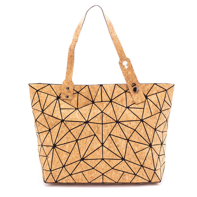 Geometric print cork tote bag with black triangular pattern and adjustable handles