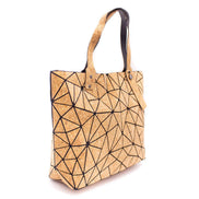 Back view Geometric print cork tote bag with black triangular pattern and adjustable handles