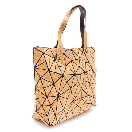 Back view Geometric print cork tote bag with black triangular pattern and adjustable handles