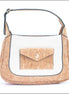 Cork hand or shoulder bag with white cotton front and cute mailer pocket.