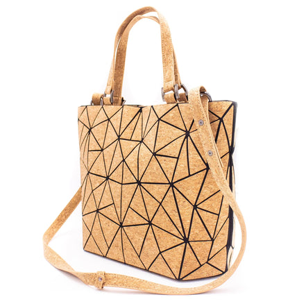 Cork handbag with geometric pattern on a white background