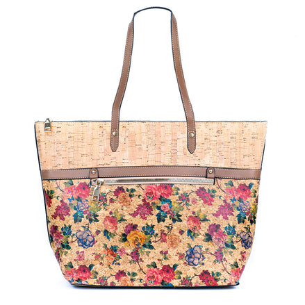 Light background Floral printed cork tote bag with faux leather handles and front zipper pocket