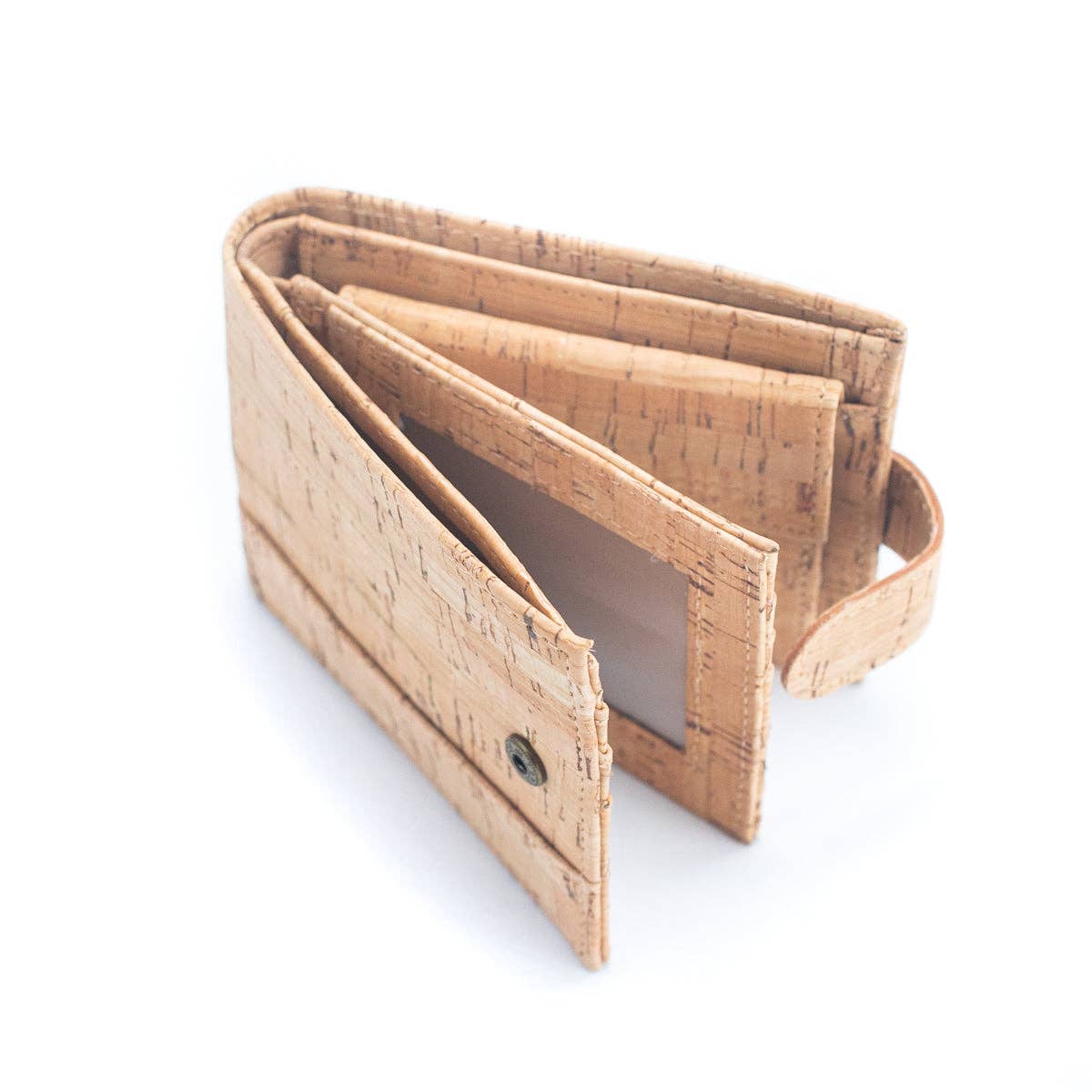 Interior view Eco-friendly cork wallet with 8 card slots, ID window, coin pocket, and slim bifold design.