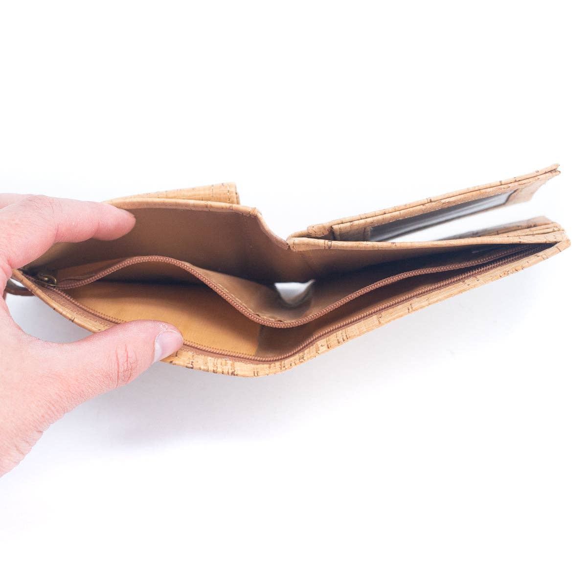 Interior view Eco-friendly cork wallet with 8 card slots, ID window, coin pocket, and slim bifold design.