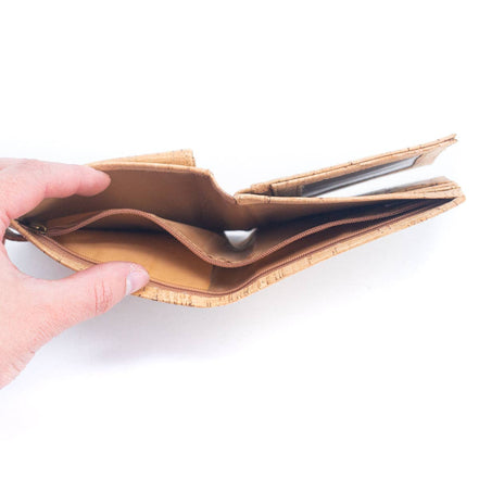 Interior view Eco-friendly cork wallet with 8 card slots, ID window, coin pocket, and slim bifold design.