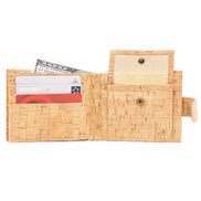 Eco-friendly cork wallet with 8 card slots, ID window, coin pocket, and slim bifold design.