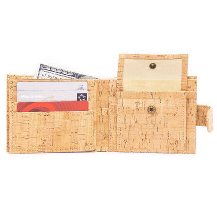 Eco-friendly cork wallet with 8 card slots, ID window, coin pocket, and slim bifold design.