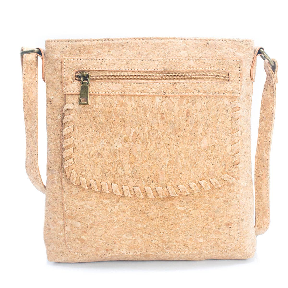 Braided front flap detail on natural cork handbag
