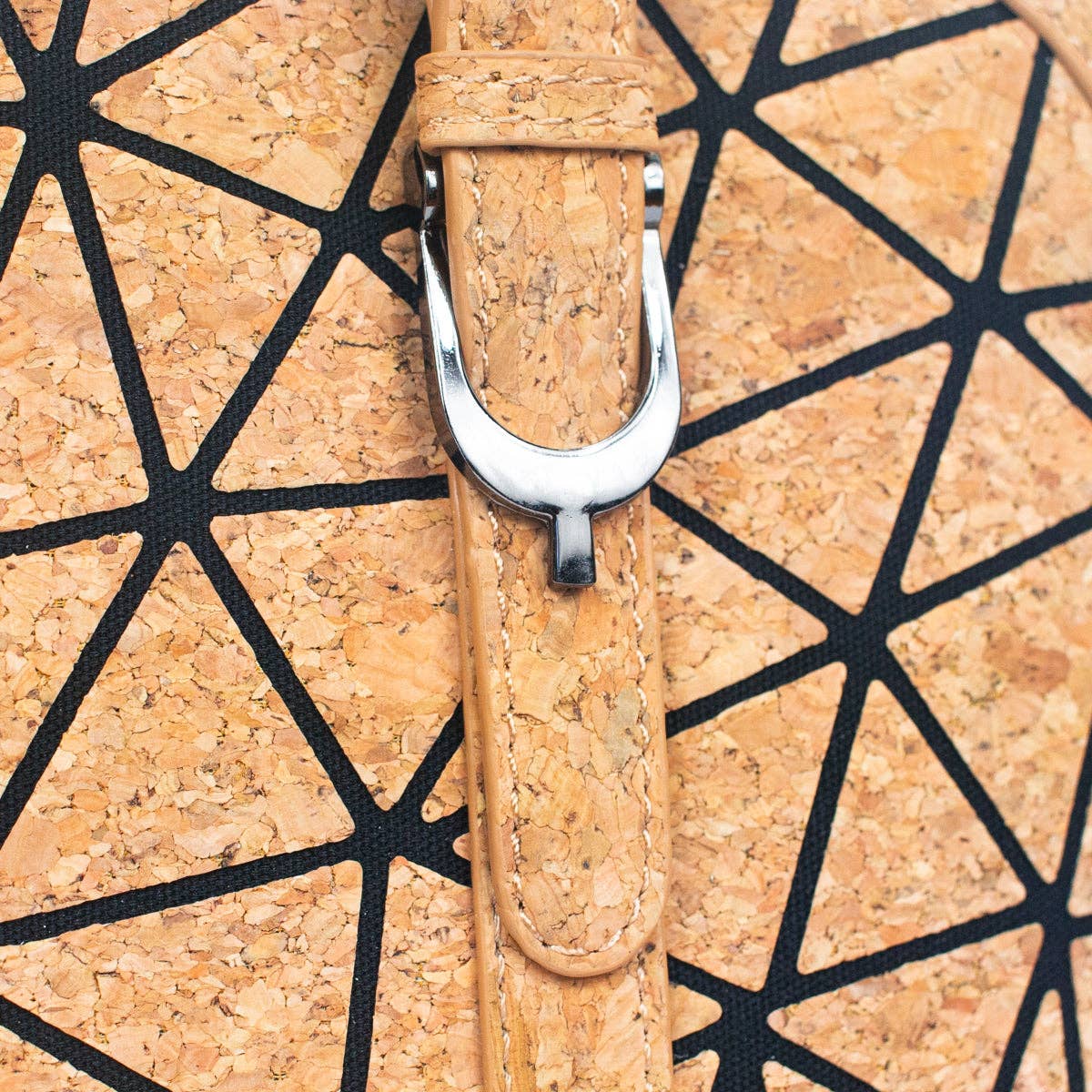 geometric cork handbag with black line pattern