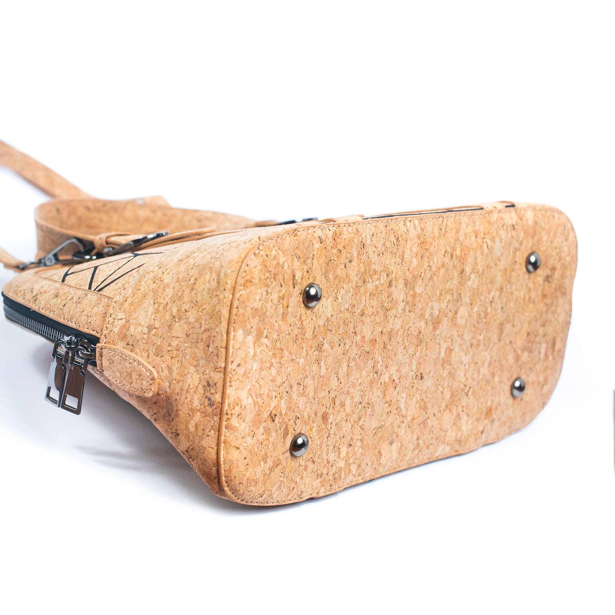 geometric cork handbag with black line pattern