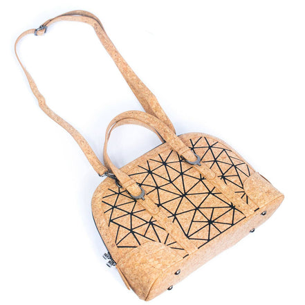 geometric cork handbag with black line pattern
