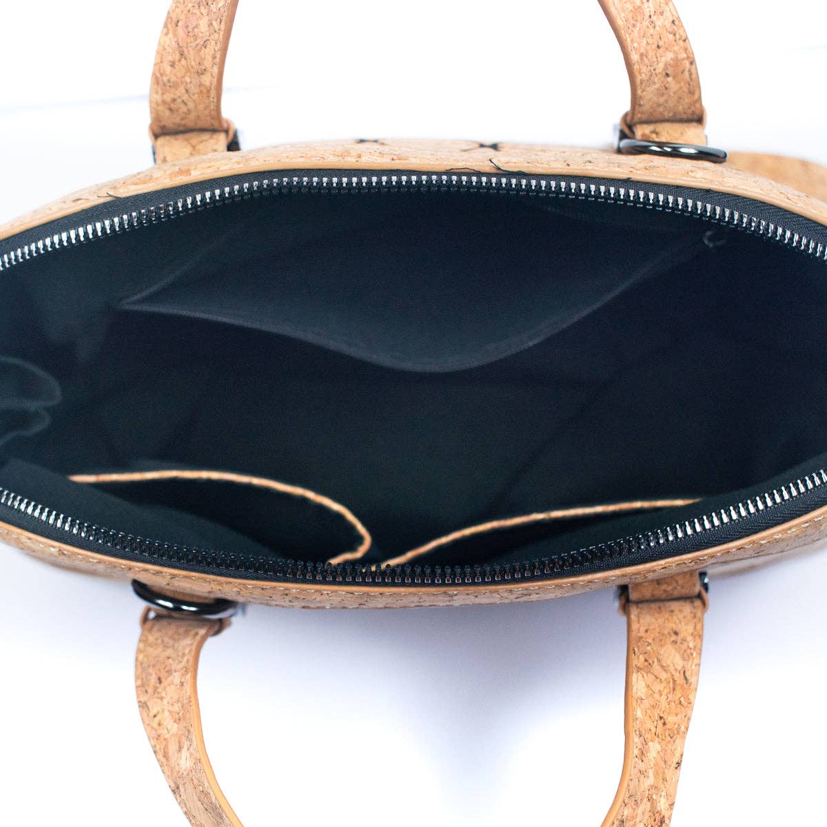 geometric cork handbag with black line pattern
