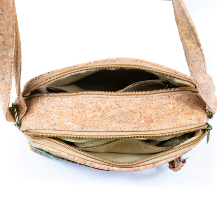 Cork handbag with a visible zipper on a white background