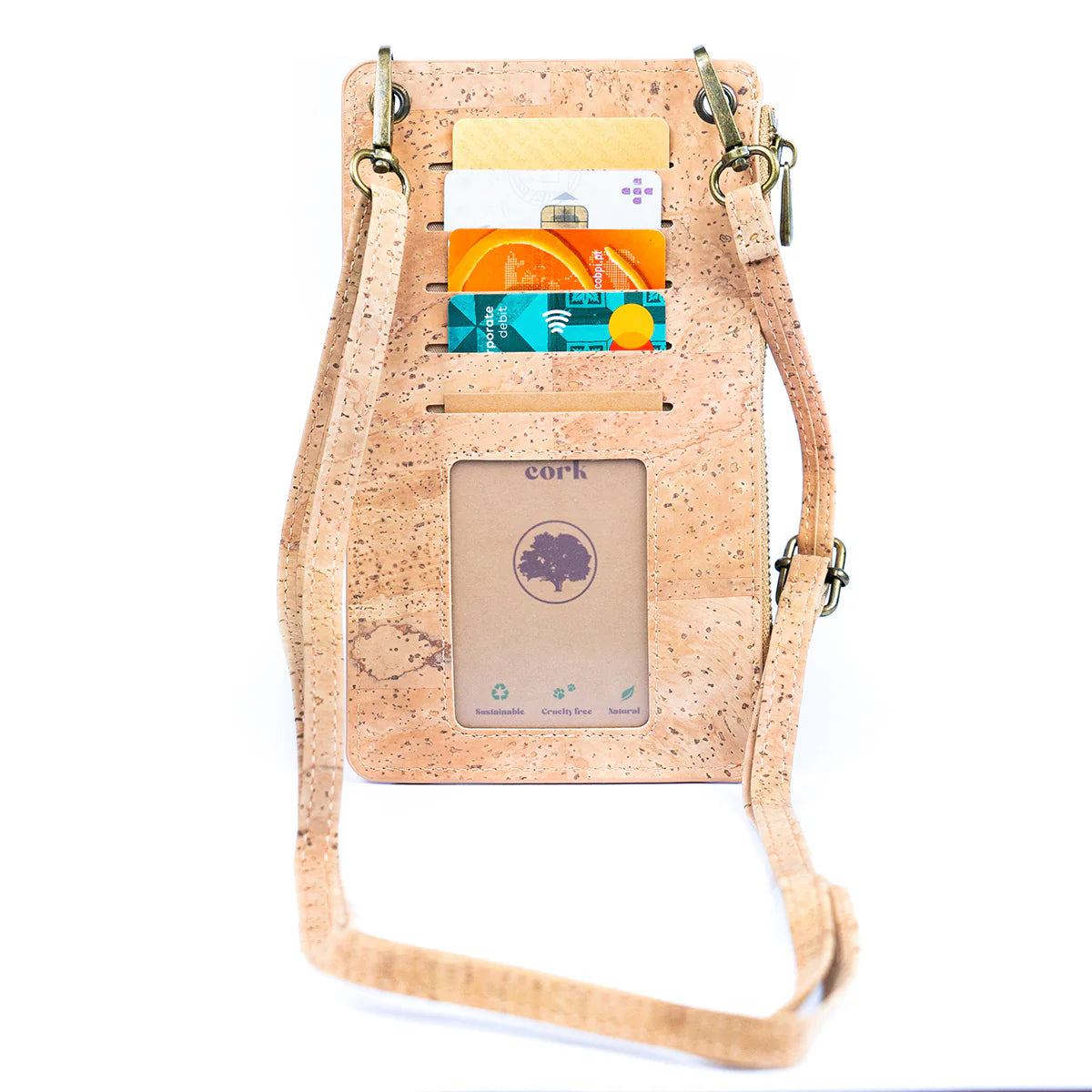 Rear view A compact cork phone bag designed for grab-and-go days. Perfect for your phone, cards, keys, and a few small essentials.