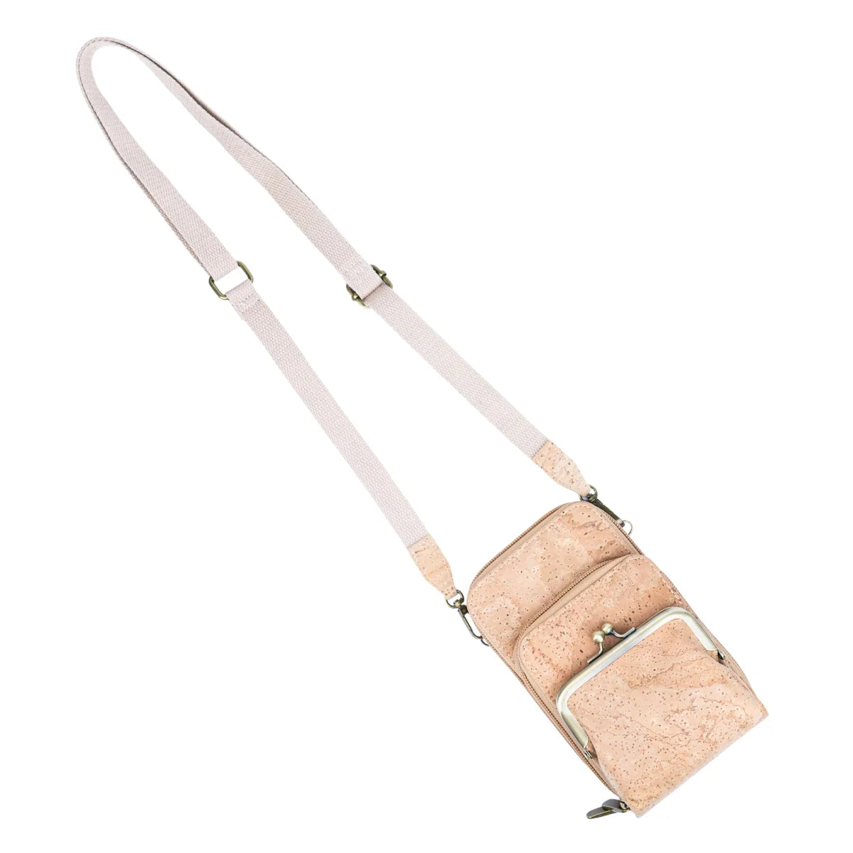 Keep your essentials organized in sustainable style with this compact, eco-friendly Cork Phone Bag and wallet. 
