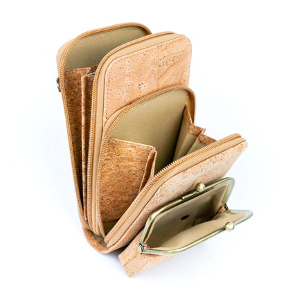 Interior view Keep your essentials organized in sustainable style with this compact, eco-friendly Cork Phone Bag and wallet. 