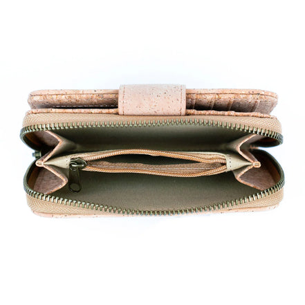 Interior view Medium natural cork wallet front view with snap closure