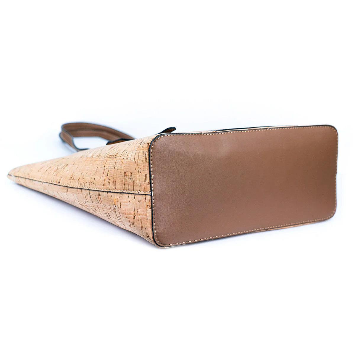 Bottom view vegan leather cork tote floral bag