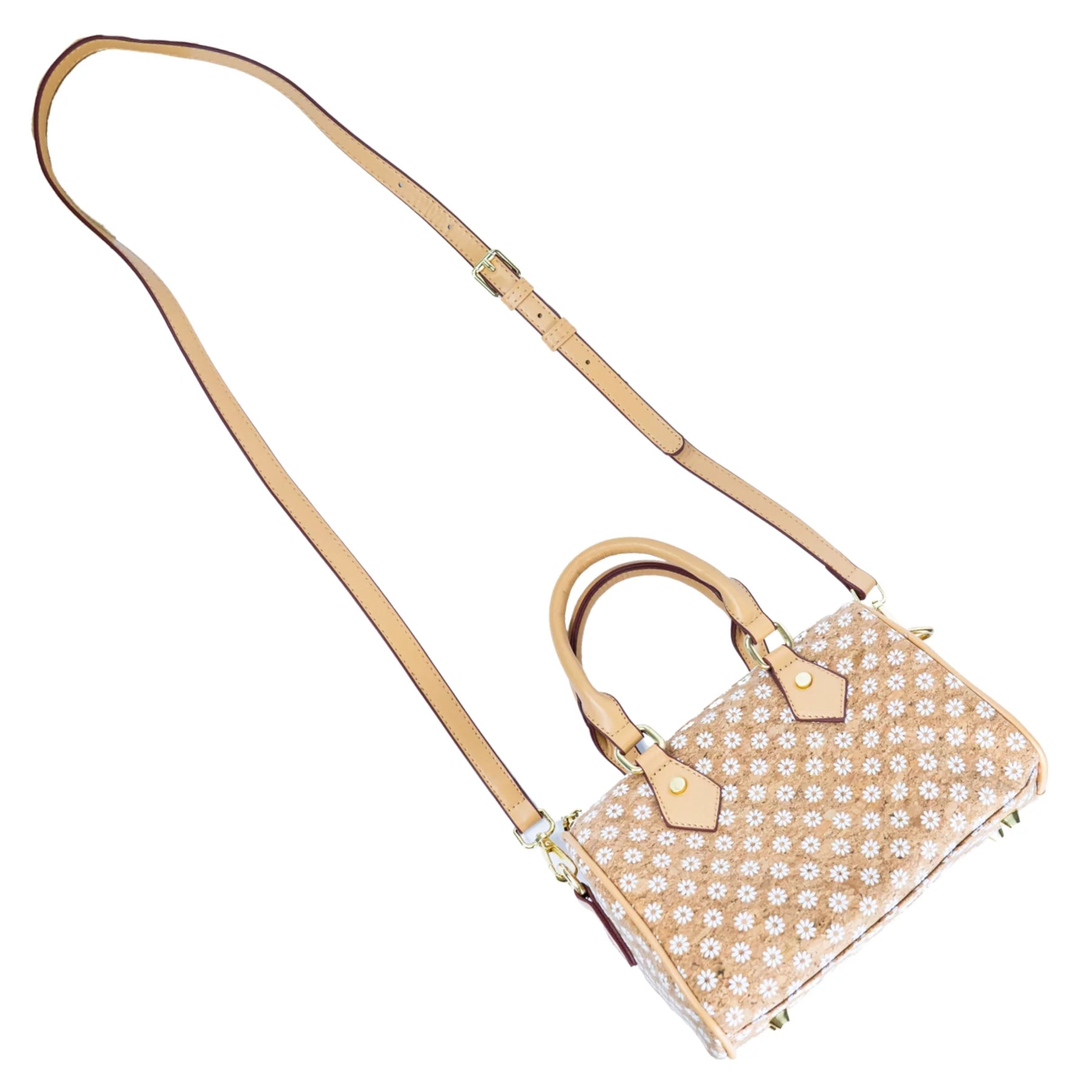 Floral Cork Crossbody Barrel Bag front view with daisy pattern and leather handles