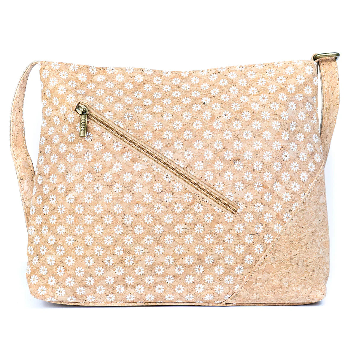 Designed with function in mind, this bag features a premium antique bronze zipper and a spacious interior and the front has a stunning daisy cork print. 