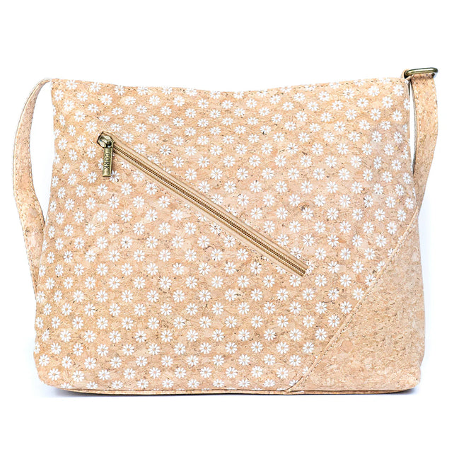 Designed with function in mind, this bag features a premium antique bronze zipper and a spacious interior and the front has a stunning daisy cork print. 
