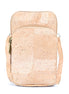 A compact cork crossbody phone bag with three zippered compartments with a detachable and adjustable shoulder strap designed for grab-and-go days.