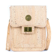 Natural cork crossbody phone bag front view with twist lock