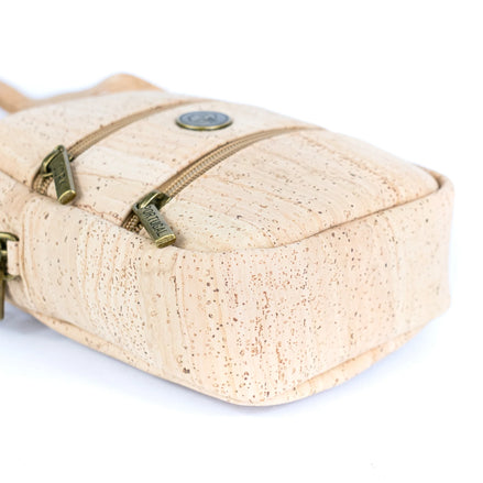 Bottom view of natural cork crossbody phone bag with dual zippers