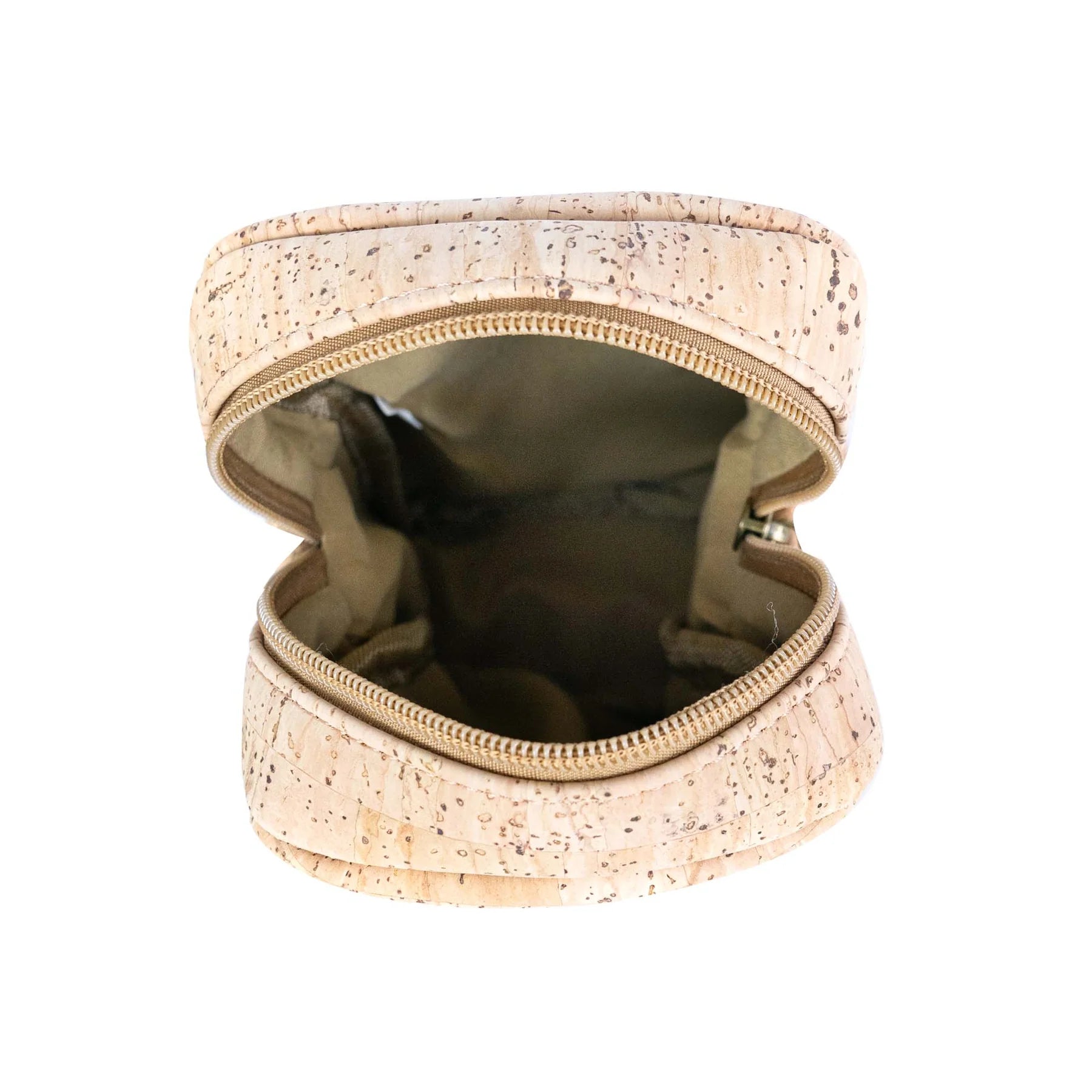 Interior view of natural cork crossbody phone bag with dual zippers