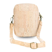 Back view of natural cork crossbody phone bag with dual zippers