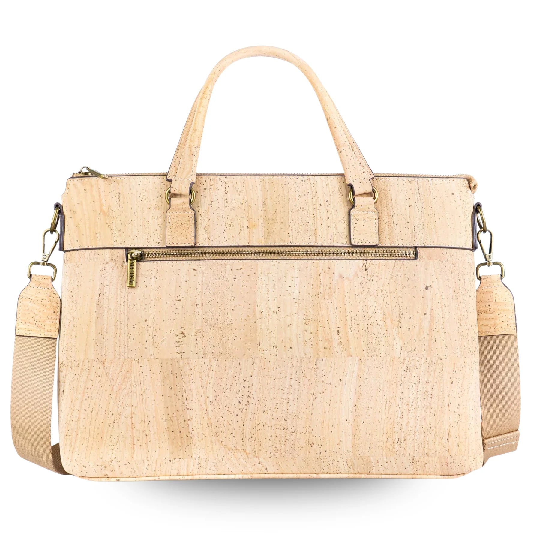 cork laptop bag briefcase front view natural cork with adjustable strap.