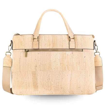 cork laptop bag briefcase front view natural cork with adjustable strap.
