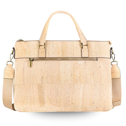 cork laptop bag briefcase front view natural cork with adjustable strap.