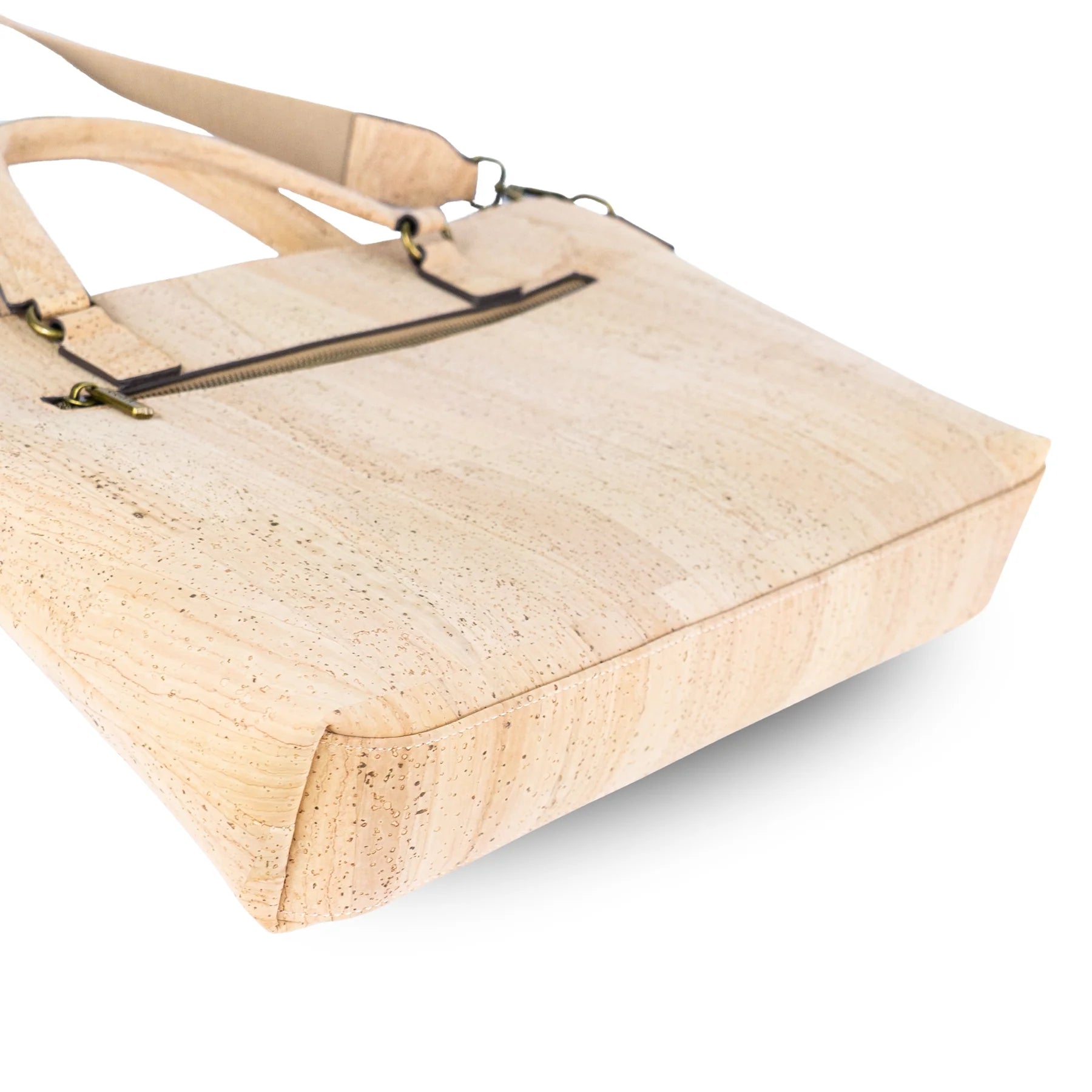Bottom view cork laptop tote bag