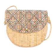 Cork crossbody bag with tile print flap