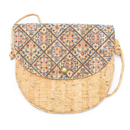 Cork crossbody bag with tile print flap