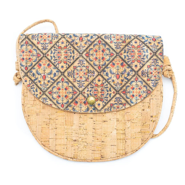 Cork crossbody bag with tile print flap
